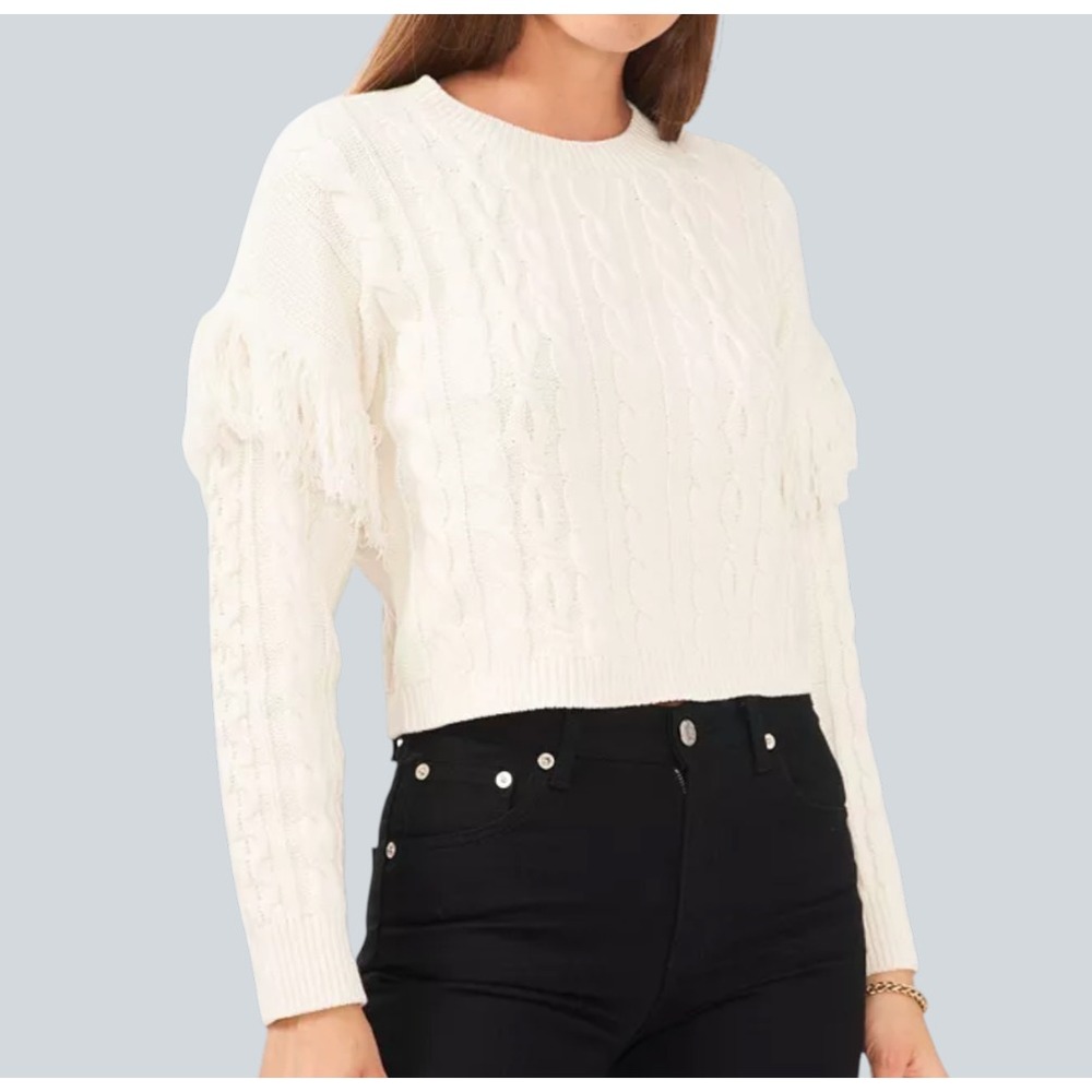 Ḿacy's 1.STATE Cream Cable Knit Sweater FRINGE TRIM OVERSIZED Cropped Ivory S